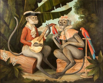 mono tocando la guitarra y loros humor gracioso mascotas Pinturas al óleo
